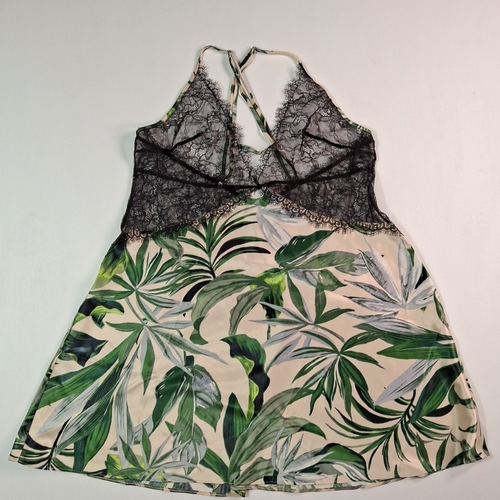 Victorias Secret Tropical Palm Leaf Lace Trim Slip Dress Chemise Green Black L - Picture 9 of 10